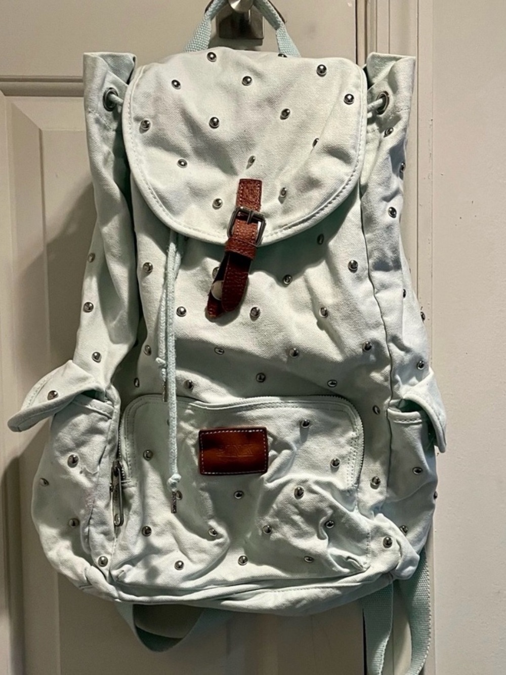 PINK Victoria’s Secret Light Blue Studded Canvas Backpack with Brown Accent